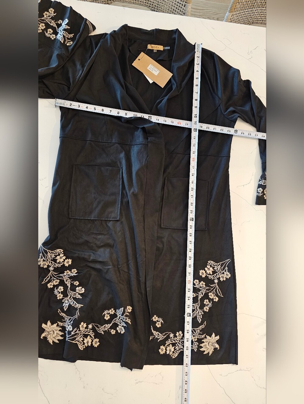Aziza Black Embroidered Suede Duster Waterfall Jacket Women's Large & X-Large - Picture 10 of 13